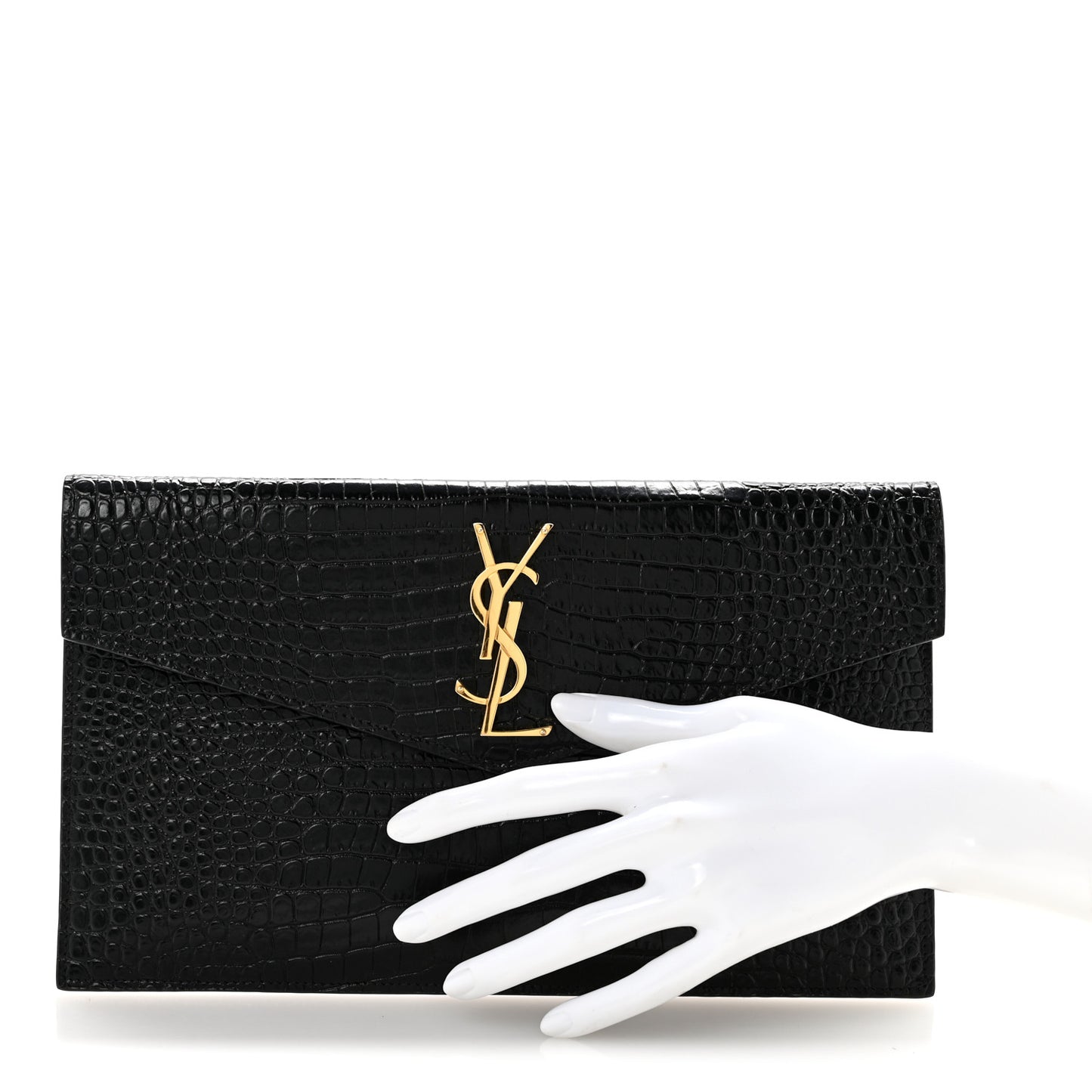 Calfskin Crocodile Embossed Uptown Monogram Clutch Black