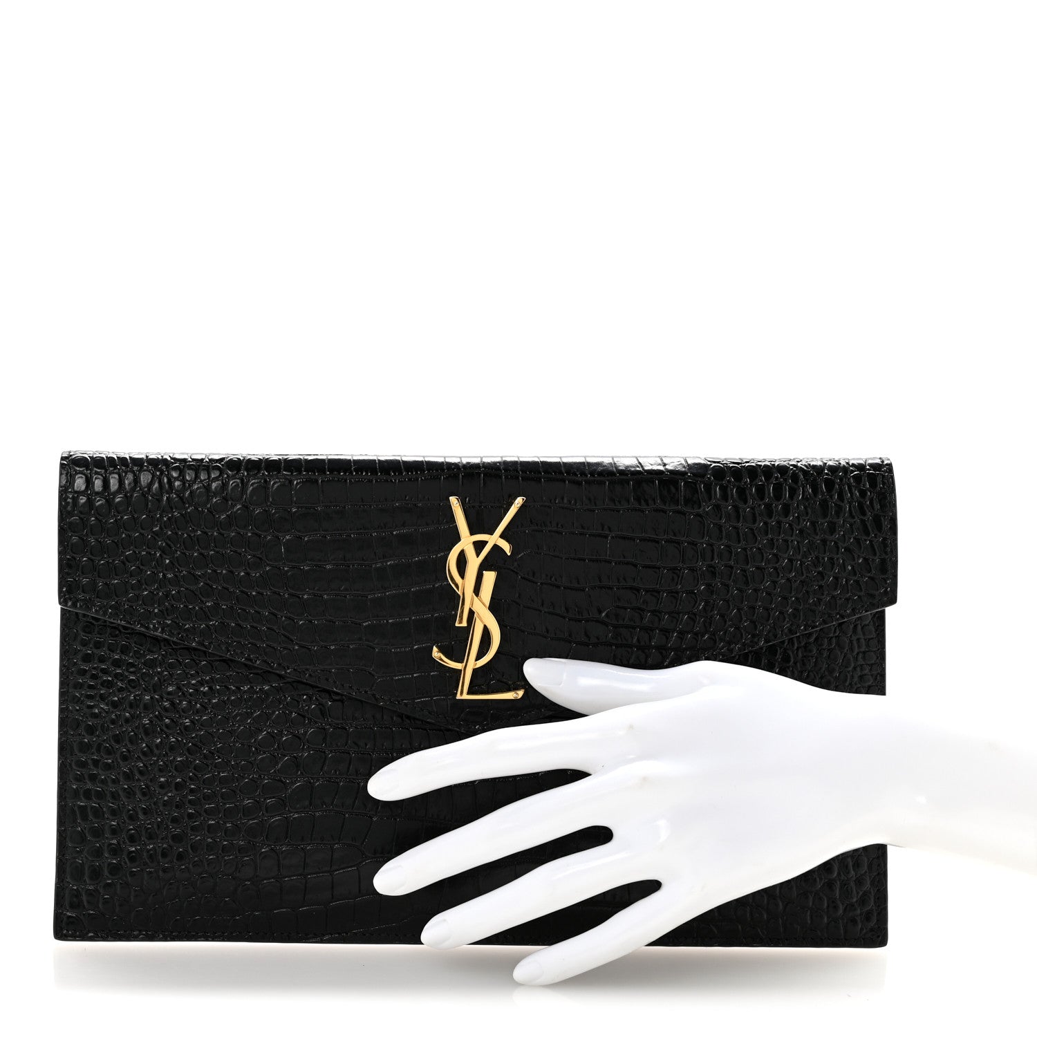 Saint Laurent Calfskin Crocodile Embossed Uptown Monogram Clutch Black 2 of 15