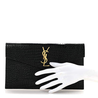 Saint Laurent Calfskin Crocodile Embossed Uptown Monogram Clutch Black 2 of 15