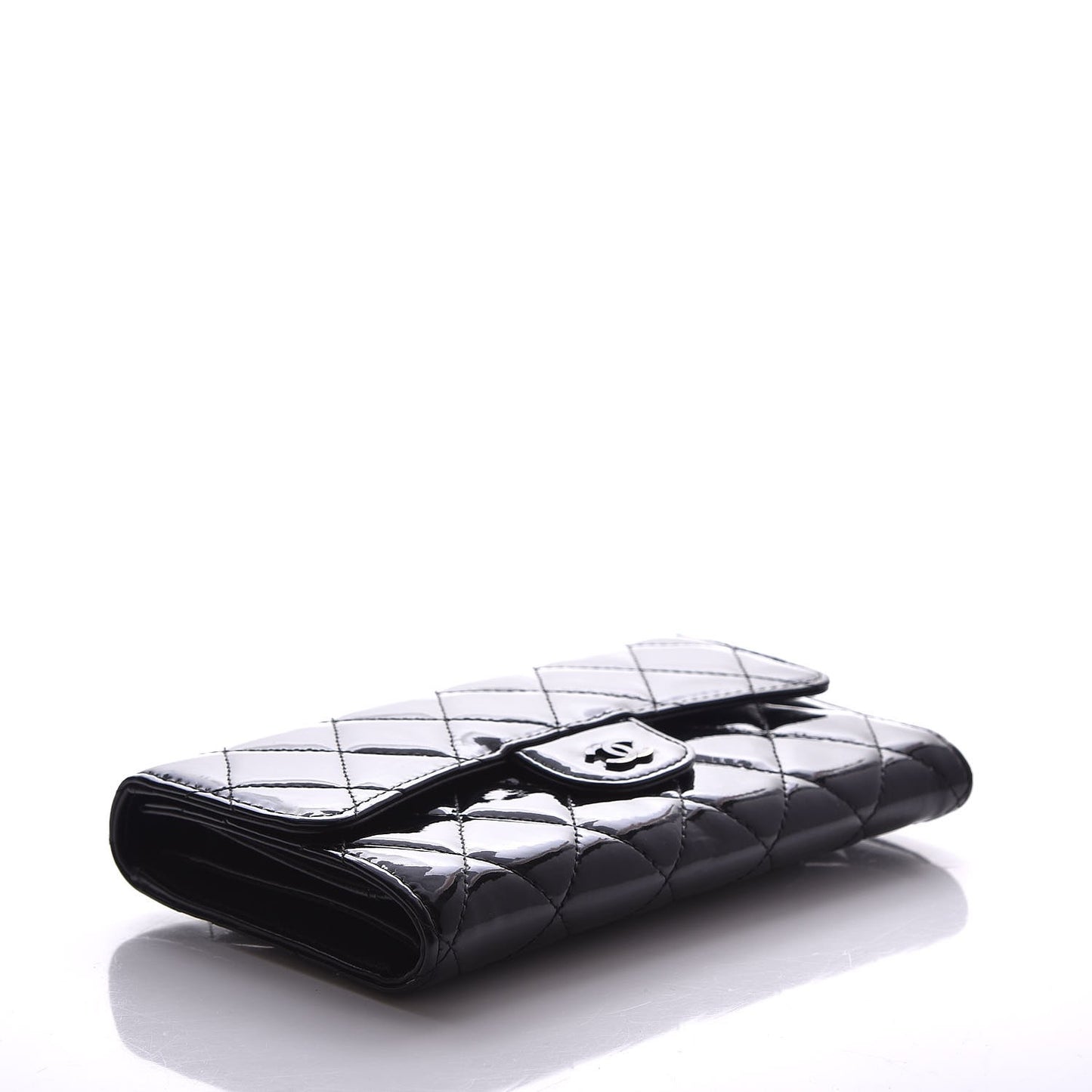 Patent Calfskin Quilted Large Flap Wallet Black