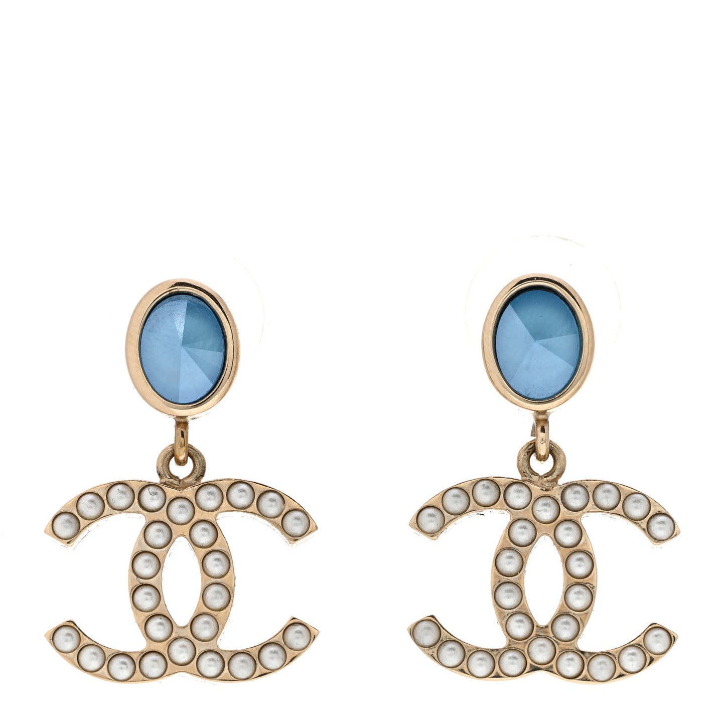 Crystal Pearl CC Drop Earrings Blue Gold