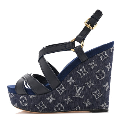 Louis Vuitton Calfskin Monogram Denim Ocean Wedge Sandals 39 Blue 1 of 9