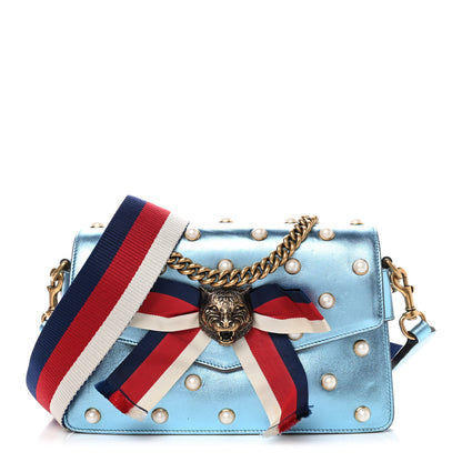 Gucci Metallic Nappa Pearl Sylvie Web Tiger Broadway Shoulder Bag Blue 1 of 14