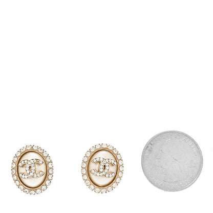 Chanel Crystal Enamel CC Round Earrings Light Gold White 2 of 5