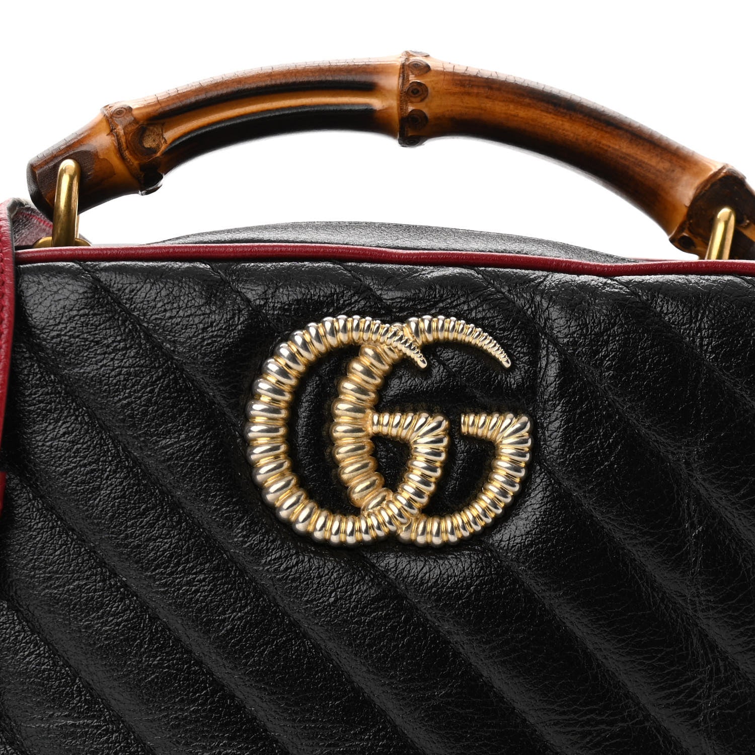 Gucci Vintage Effect Calfskin Matelasse Diagonal Small Torchon GG Marmont Bamboo Top Handle Shoulder Bag Black Romantic Cherry 8 of 10
