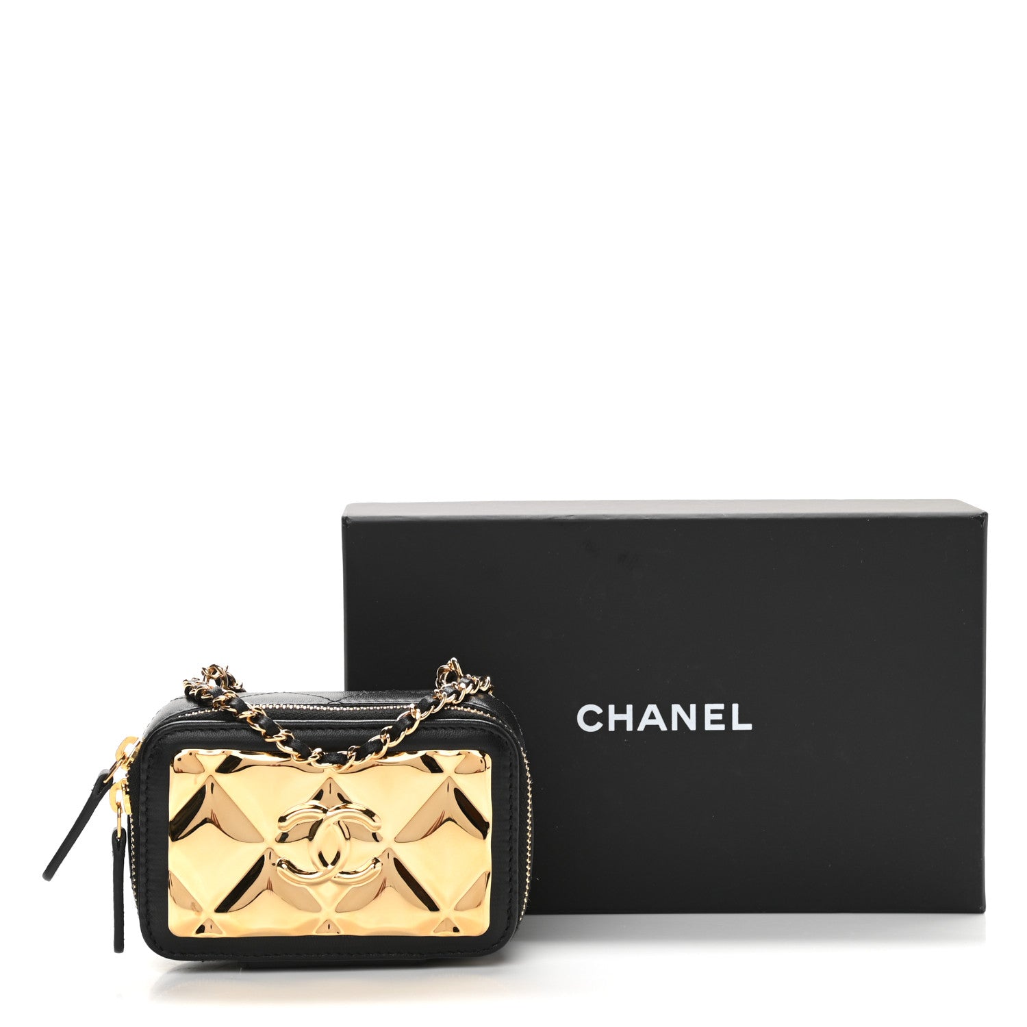 Chanel Lambskin Metal Quilted Extra Mini Vanity Case With Chain Black Gold 11 of 11
