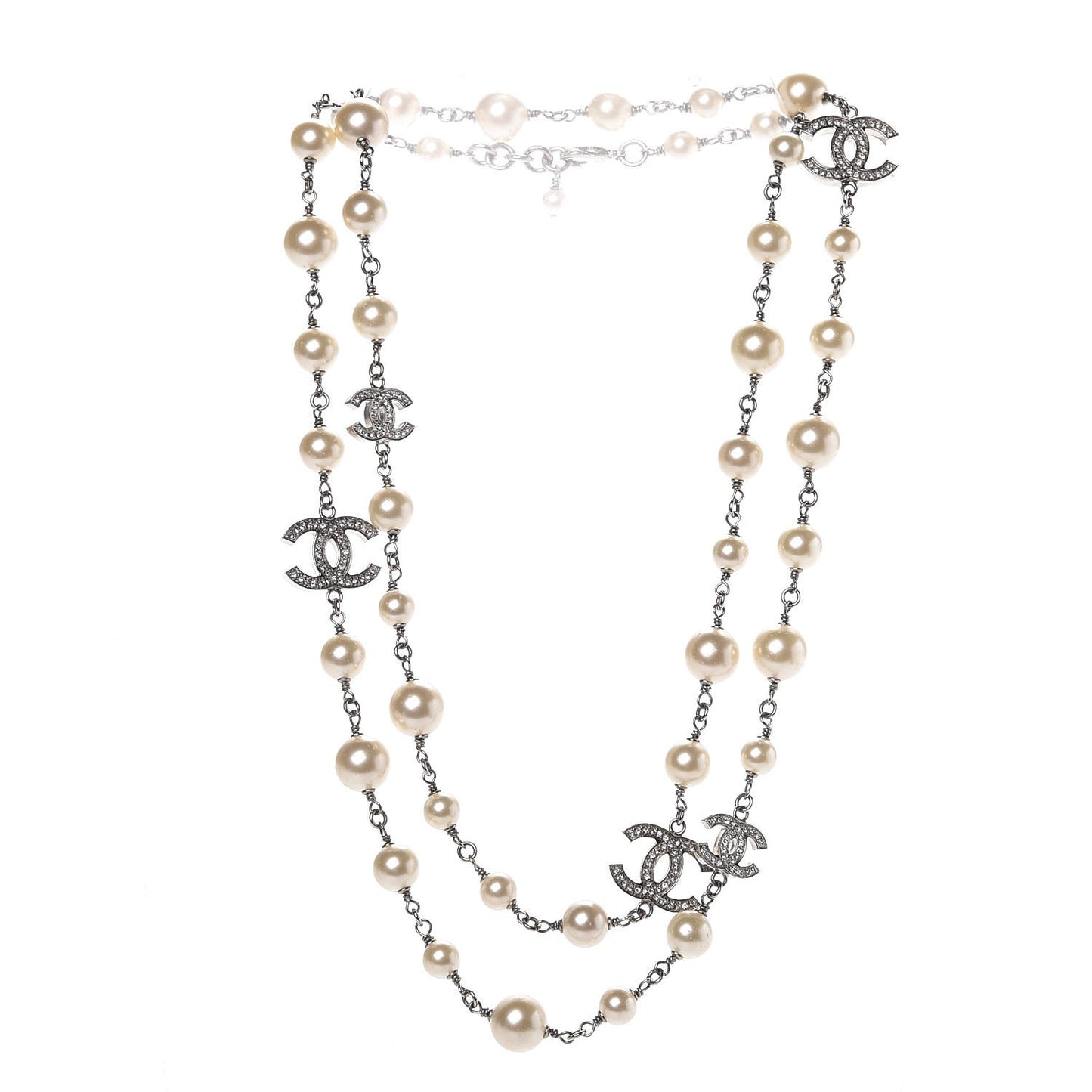 Graduated Pearl Crystal CC Long Necklace Silver
