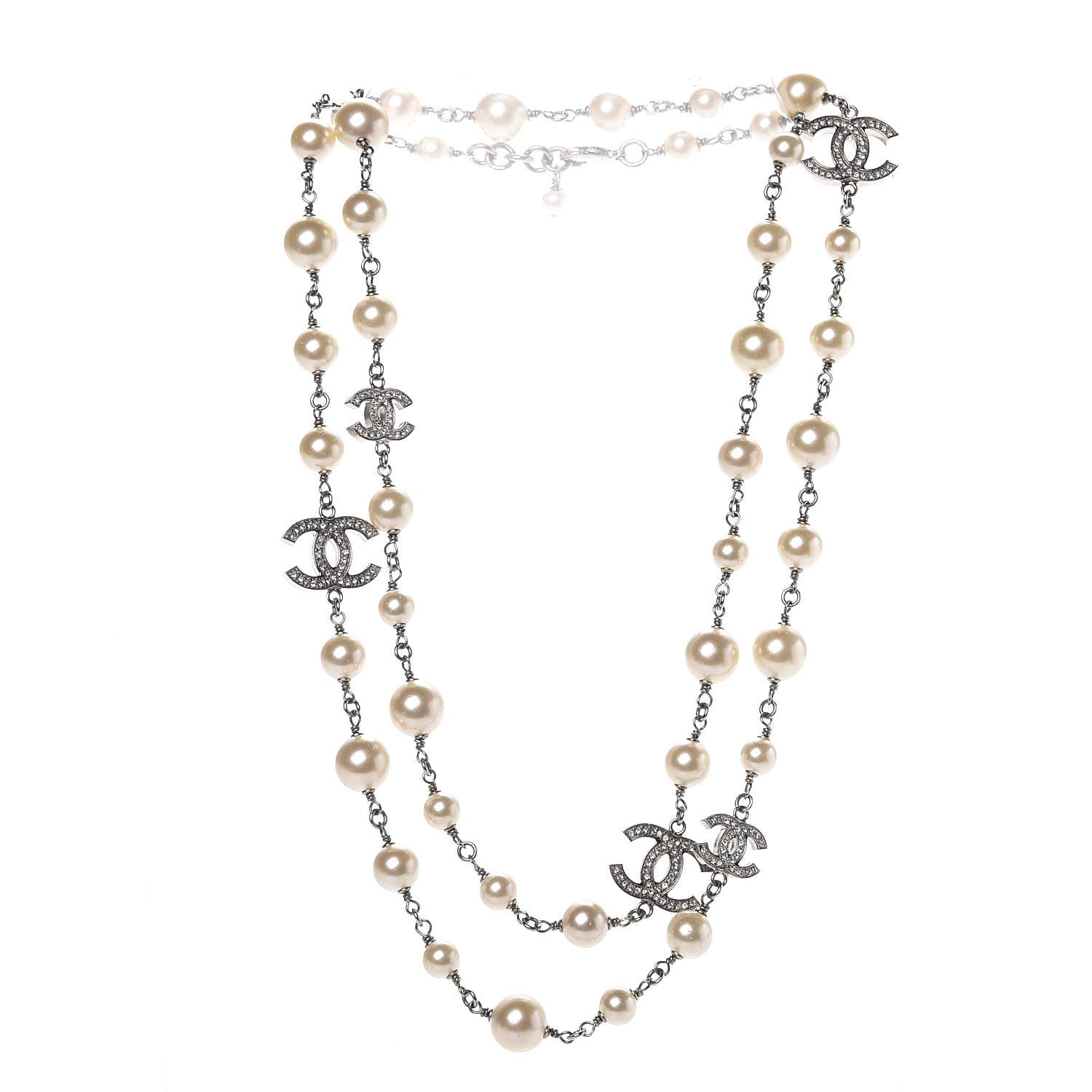 Chanel Graduated Pearl Crystal CC Long Necklace Silver 3 of 6