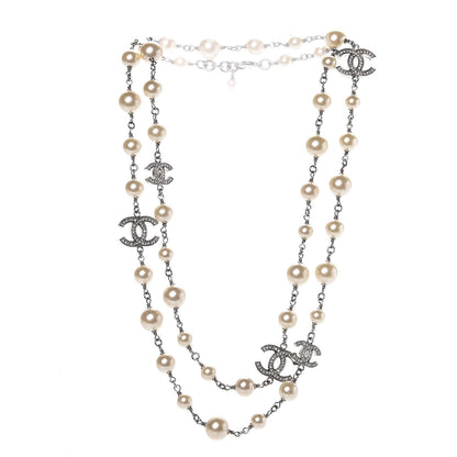 Chanel Graduated Pearl Crystal CC Long Necklace Silver 3 of 6