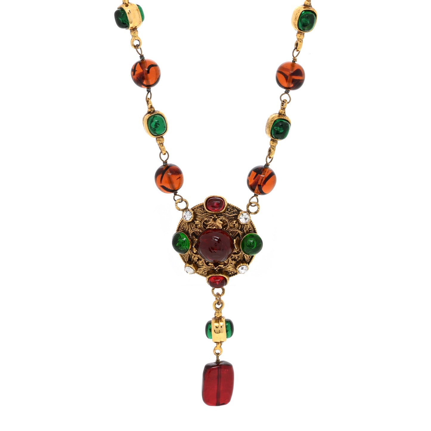 Bead Gripoix Poured Glass Pendant Necklace Gold Red Green