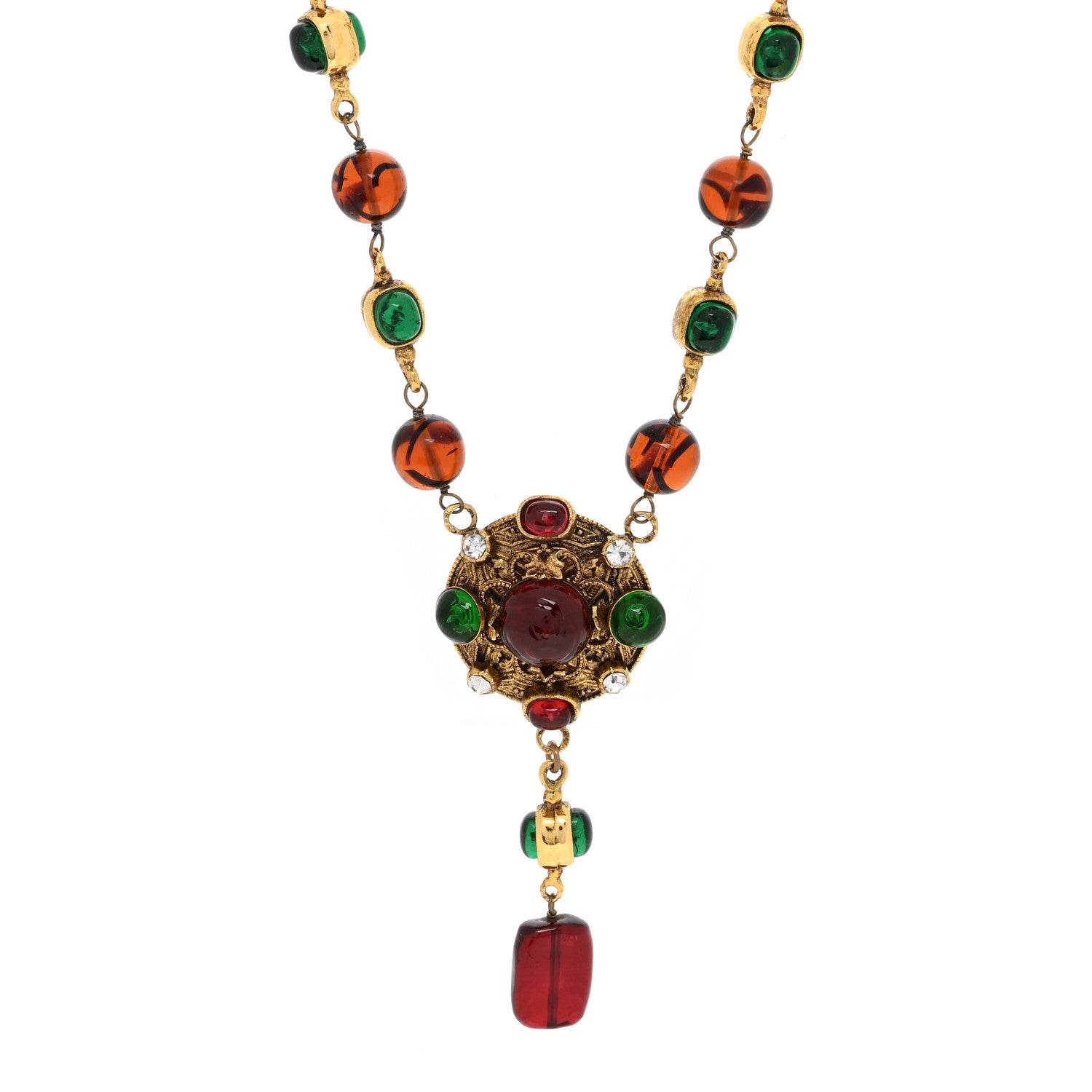 Chanel Bead Gripoix Poured Glass Pendant Necklace Gold Red Green 1 of 4