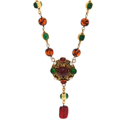 Chanel Bead Gripoix Poured Glass Pendant Necklace Gold Red Green 1 of 4