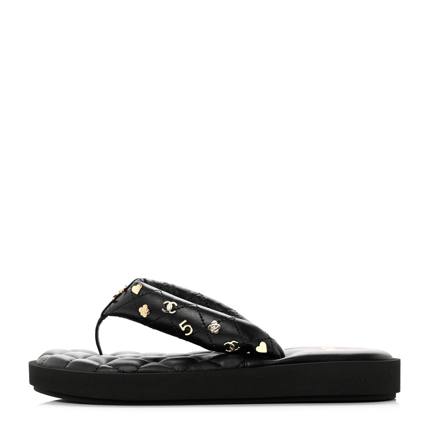 Lambskin Quilted Padded Charms Thong Sandals 37.5 Black