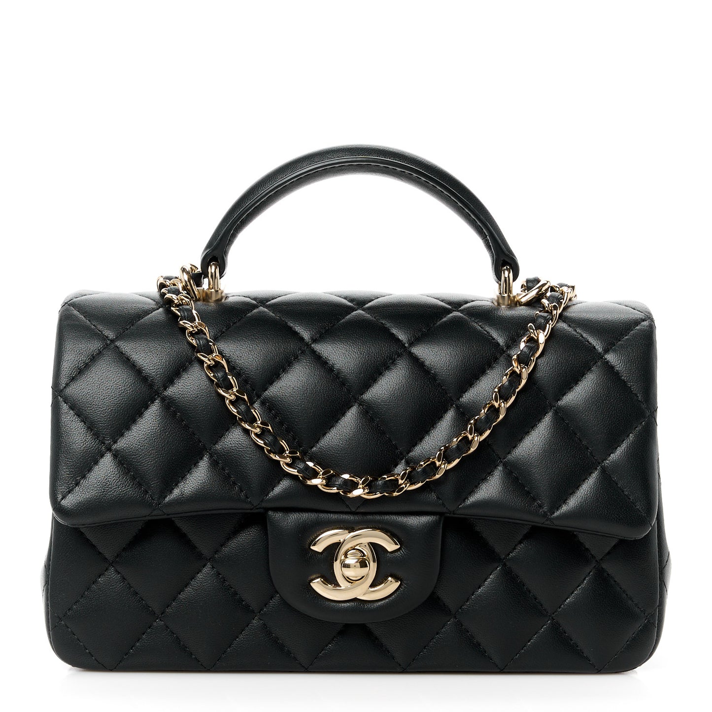 Lambskin Quilted Mini Top Handle Rectangular Flap Black