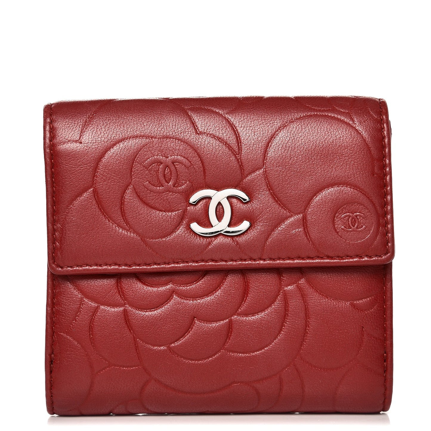 Lambskin Camellia Embossed French Wallet Dark Red