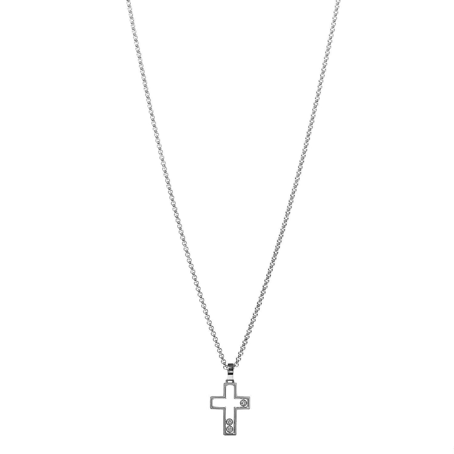 18K White Gold 3 Happy Diamonds Cross Pendant Necklace