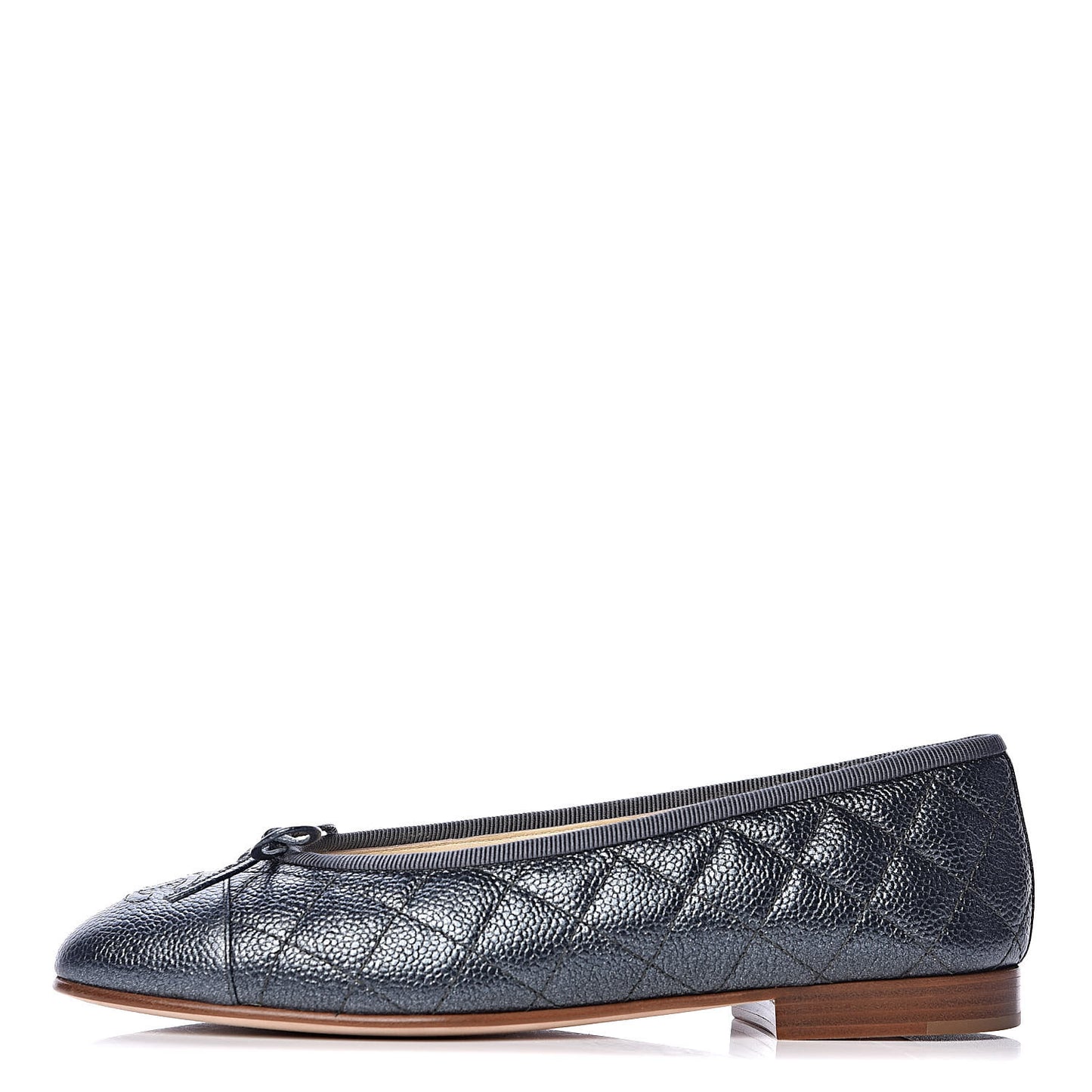 Metallic Caviar Quilted Cap Toe Ballerina Flats 36.5 Anthracite