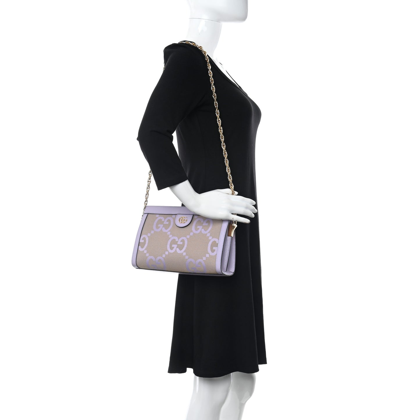 Monogram Jumbo GG Textured Dollar Calfskin Small Ophidia Chain Shoulder Bag Beige Lapis
