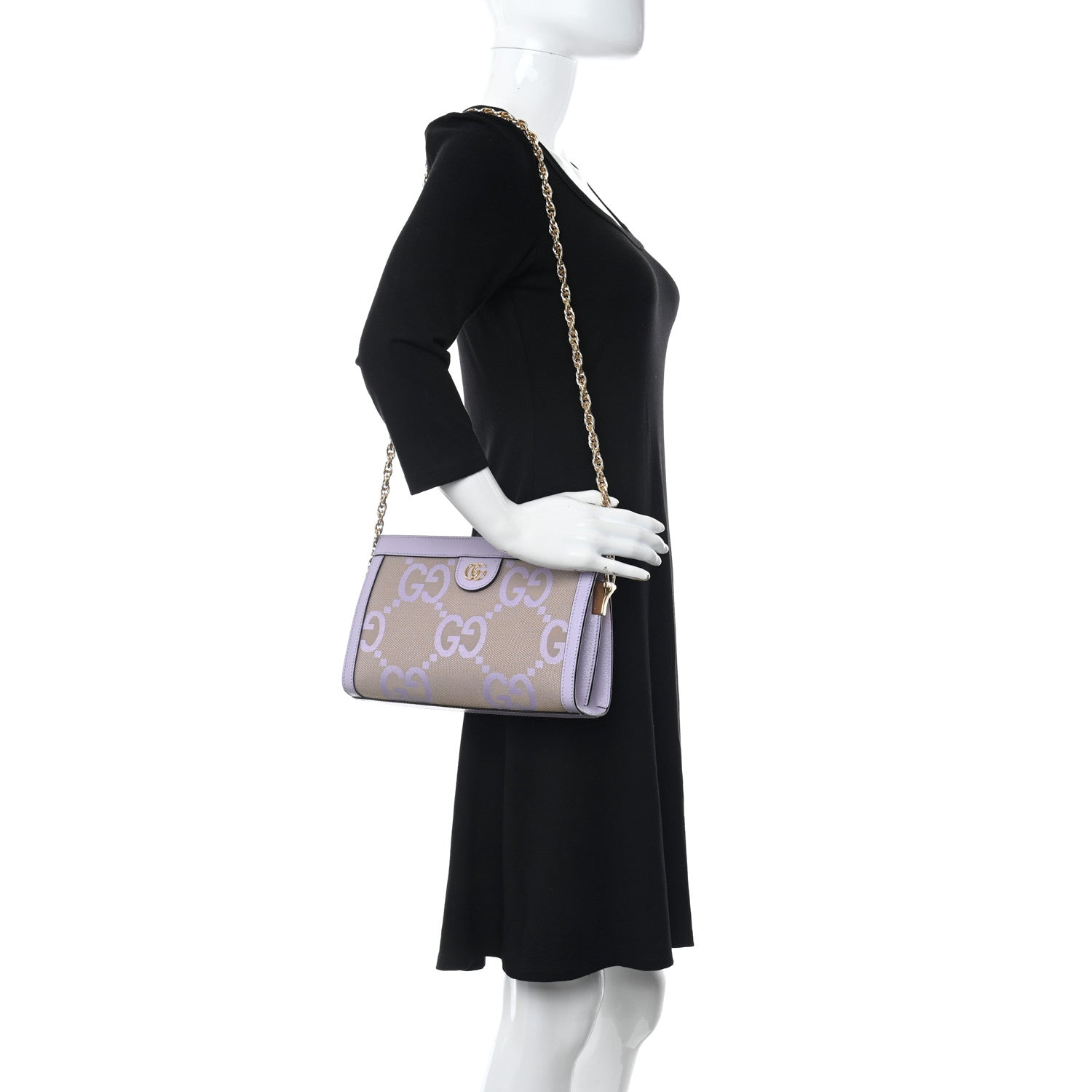 Gucci Monogram Jumbo GG Textured Dollar Calfskin Small Ophidia Chain Shoulder Bag Beige Lapis 2 of 10
