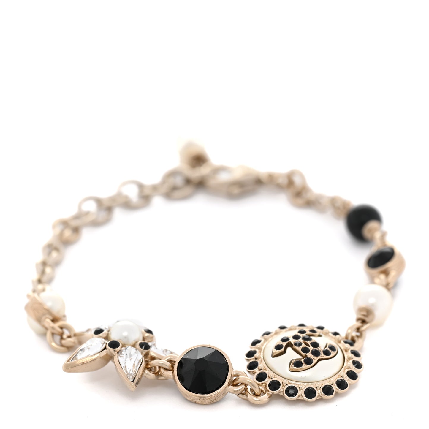 Pearl Crystal CC Charm Bracelet Black Gold