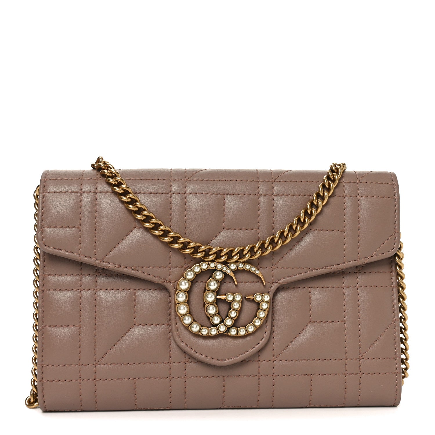 Gucci Calfskin Matelasse Mini Pearly GG Marmont Chain Wallet Porcelain Rose 1 of 11