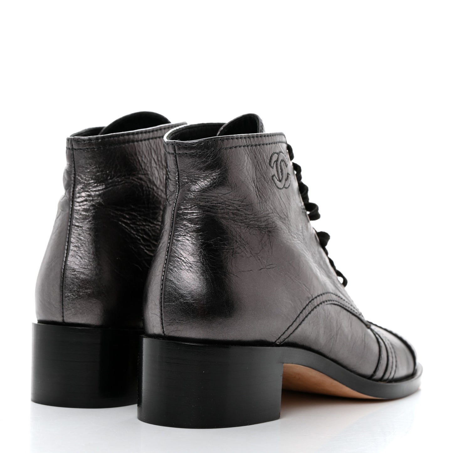 Crumpled Calfskin CC Lace Up Boots 37 Grey Black