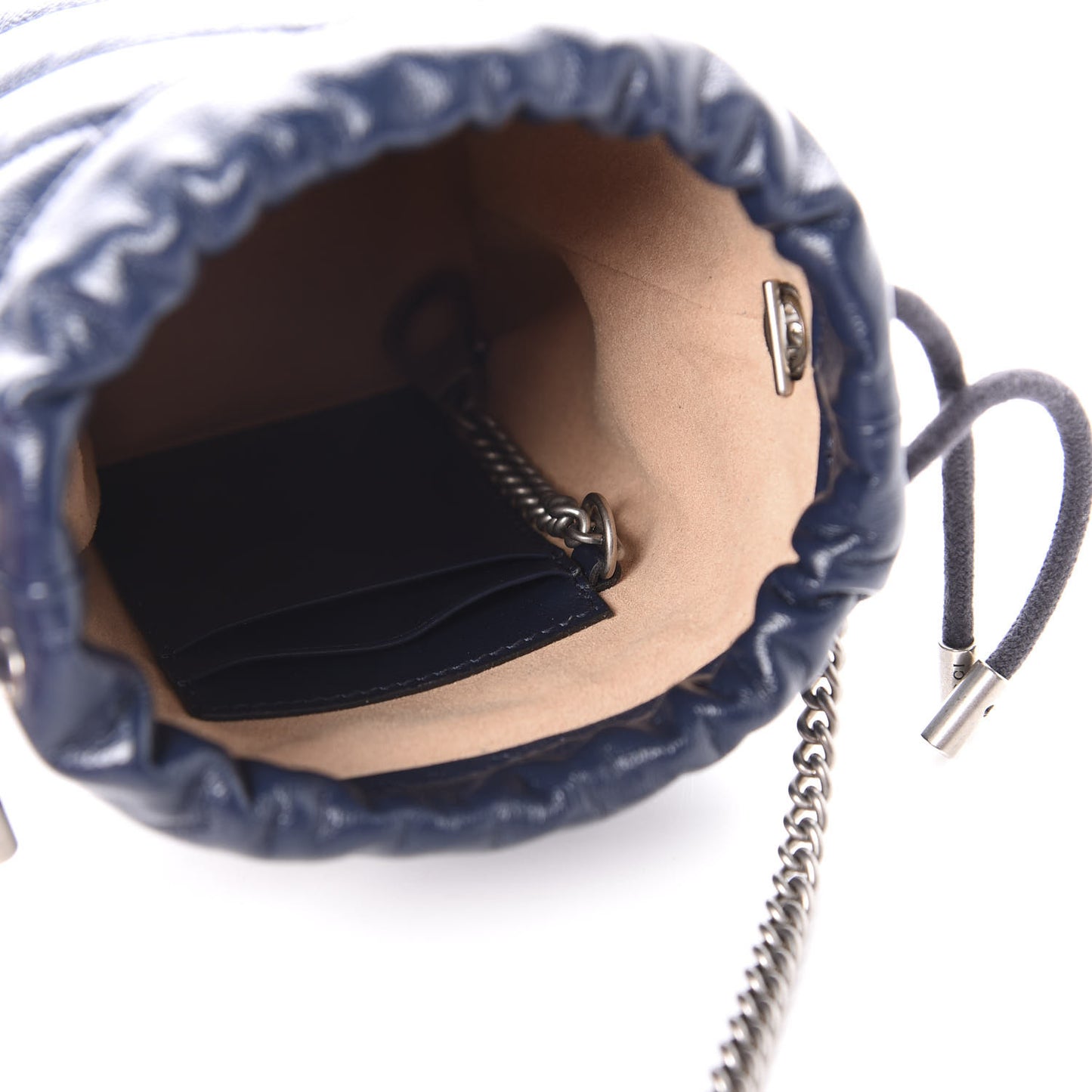 Vintage Effect Calfskin Matelasse Diagonal Mini Torchon GG Marmont 2.0 Bucket Bag Blue Agata Mystic White