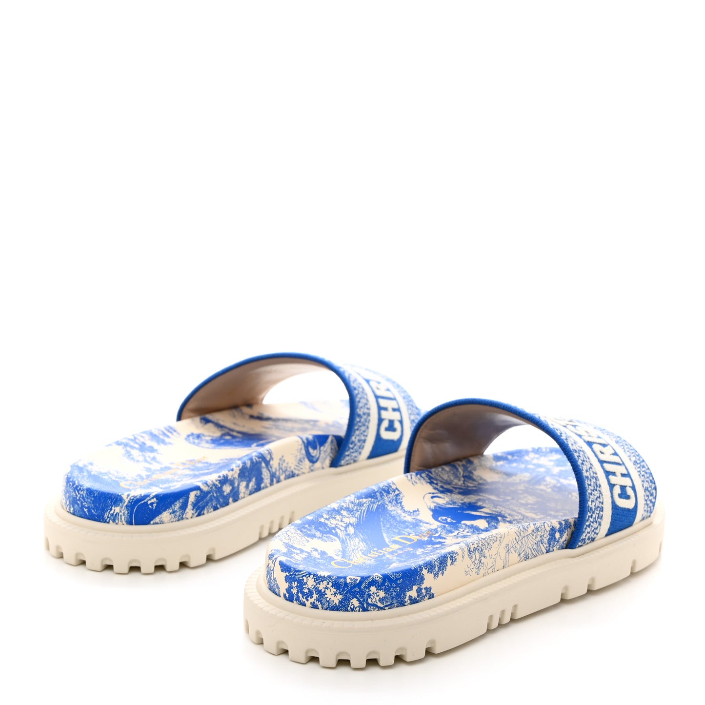 Canvas Toile de Jouy Embroidered Dway 10mm Slide Sandals 38 Off White Blue