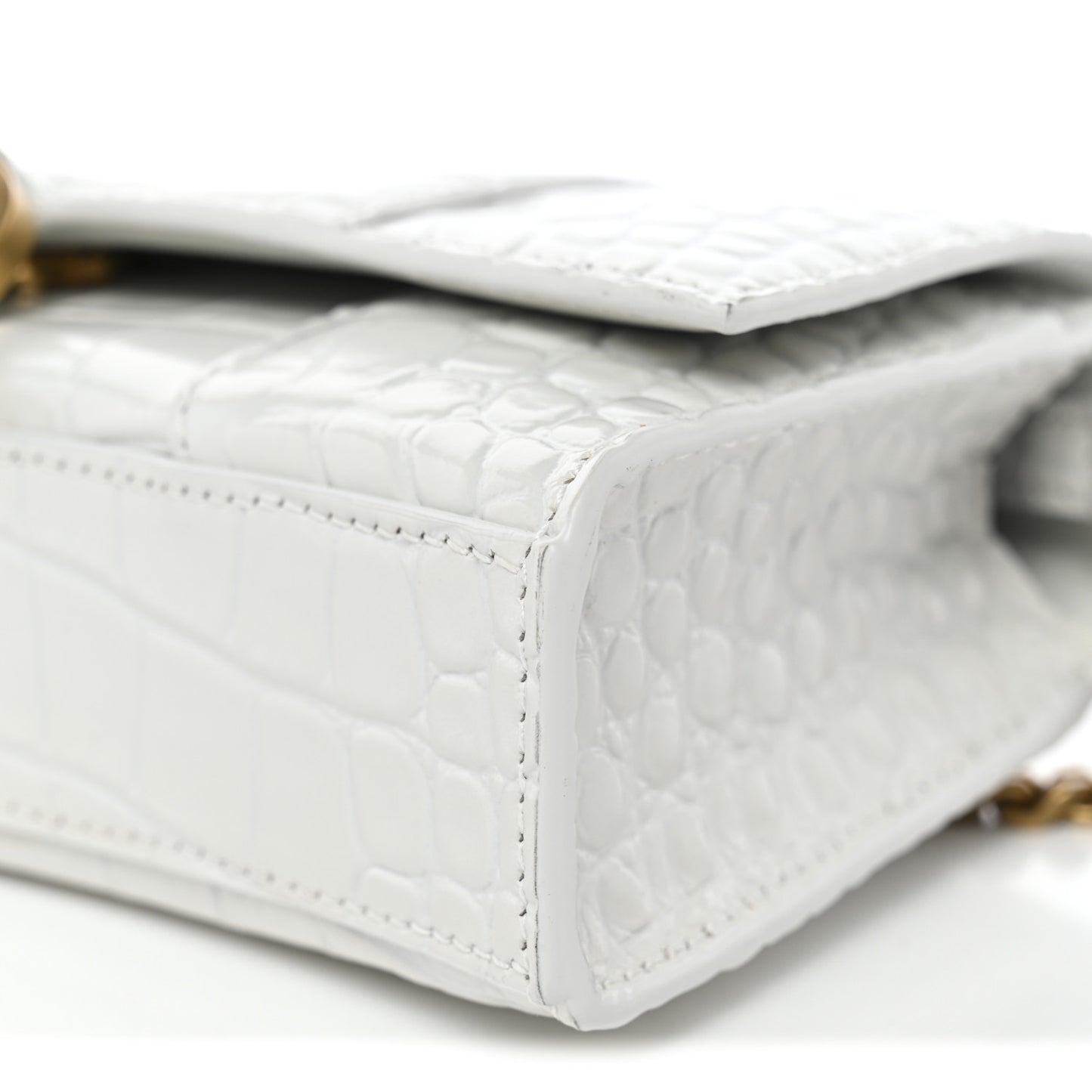 Shiny Calfskin Crocodile Embossed Hourglass Chain Bag White