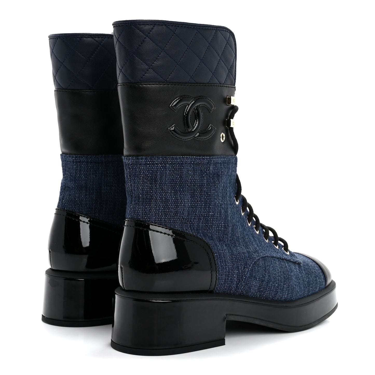 Denim Patent Lambskin Quilted CC Lace Up Combat Boots 38.5 Blue Black