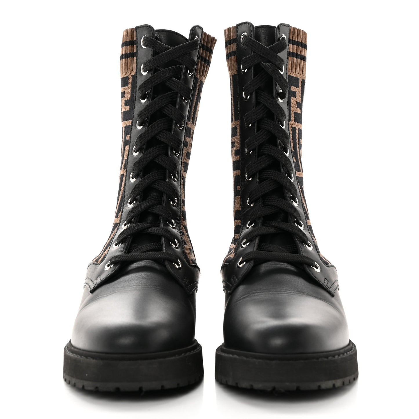Calfskin Stretch Fabric FF Rockoko Biker Boots 36 Black Tobacco