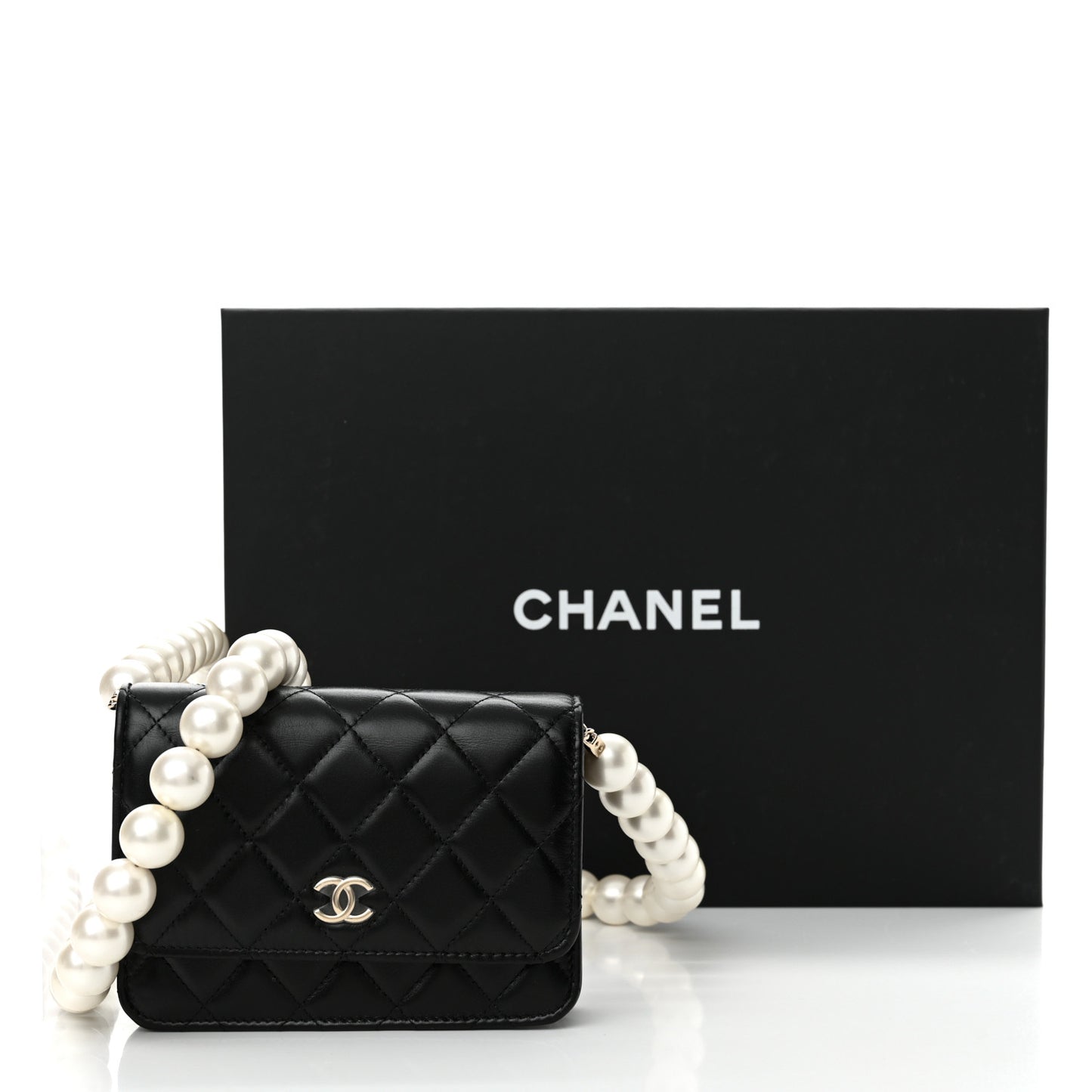 Calfskin Quilted Mini Maxi Pearls Wallet On Chain WOC Black