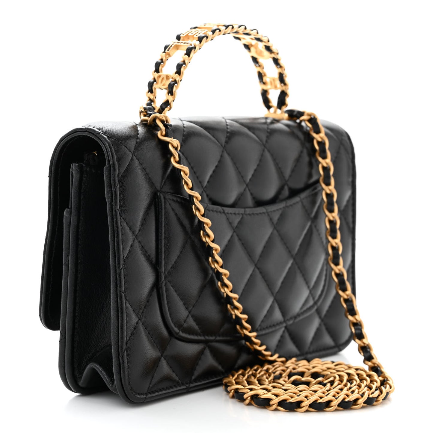 Shiny Calfskin Quilted Metal Top Handle Wallet On Chain WOC Black