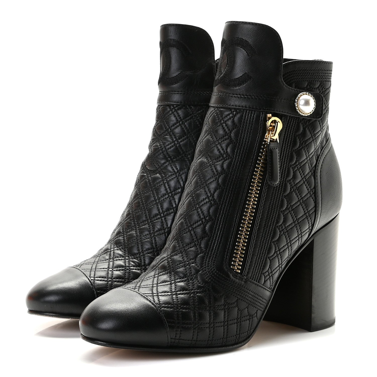 Chanel Lambskin Quilted Pearl CC Cap Toe Short Boots 39 Black 2 of 9