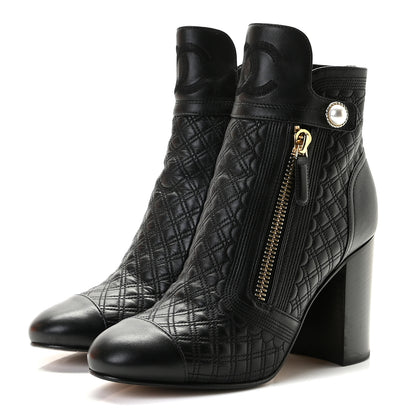Chanel Lambskin Quilted Pearl CC Cap Toe Short Boots 39 Black 2 of 9
