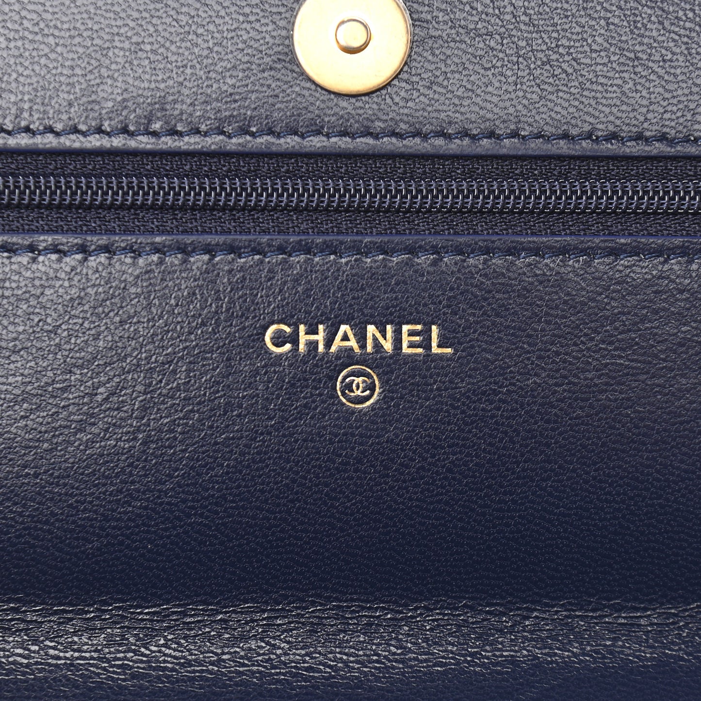 Shiny Goatskin Quilted Chanel 19 Wallet On Chain WOC Dark Blue