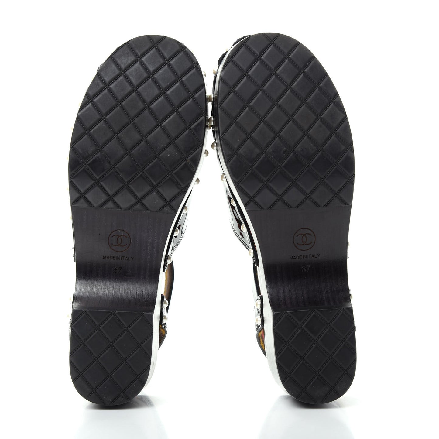 Patent Calfskin Pearl Ankle Strap Clogs 37 Black
