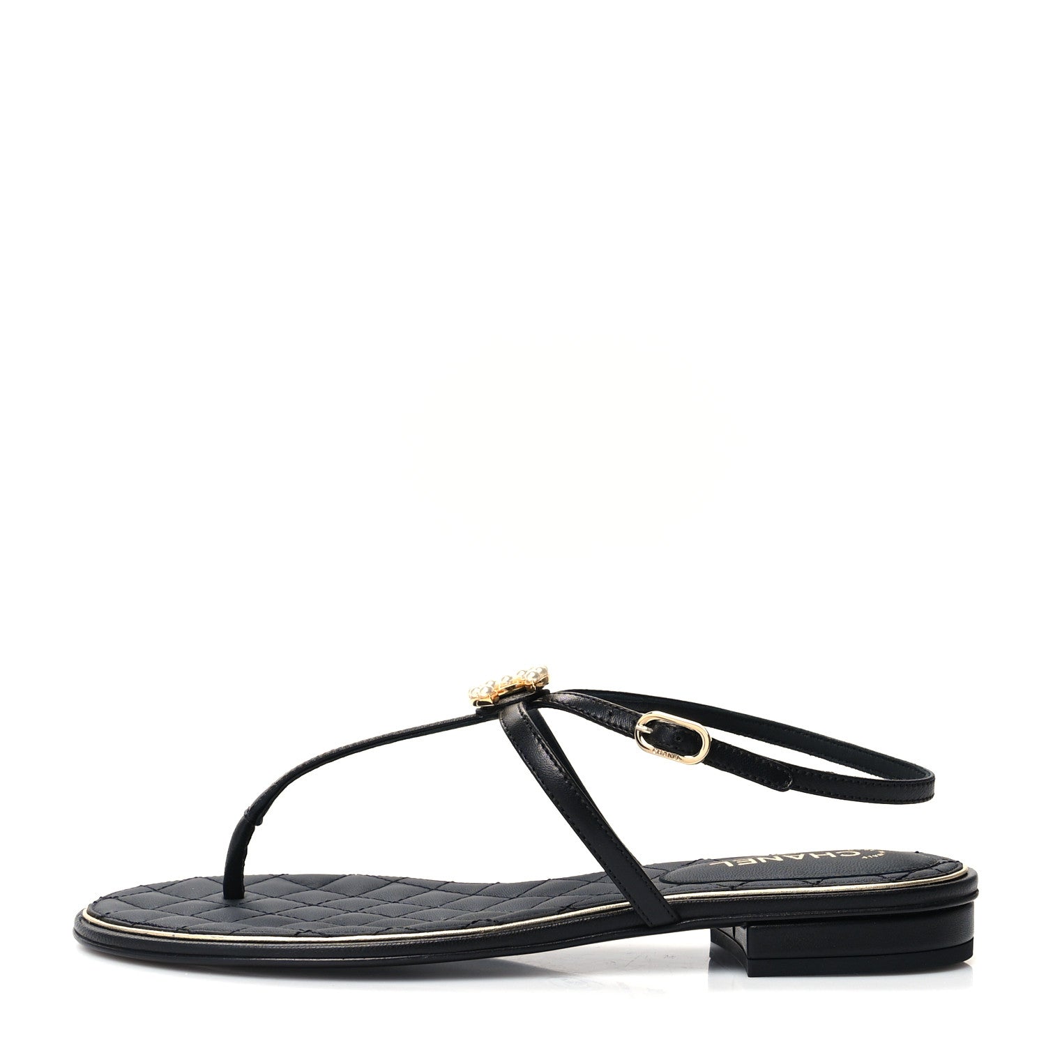 Chanel Lambskin Pearl CC Thong Sandals 36 Black Gold 1 of 7