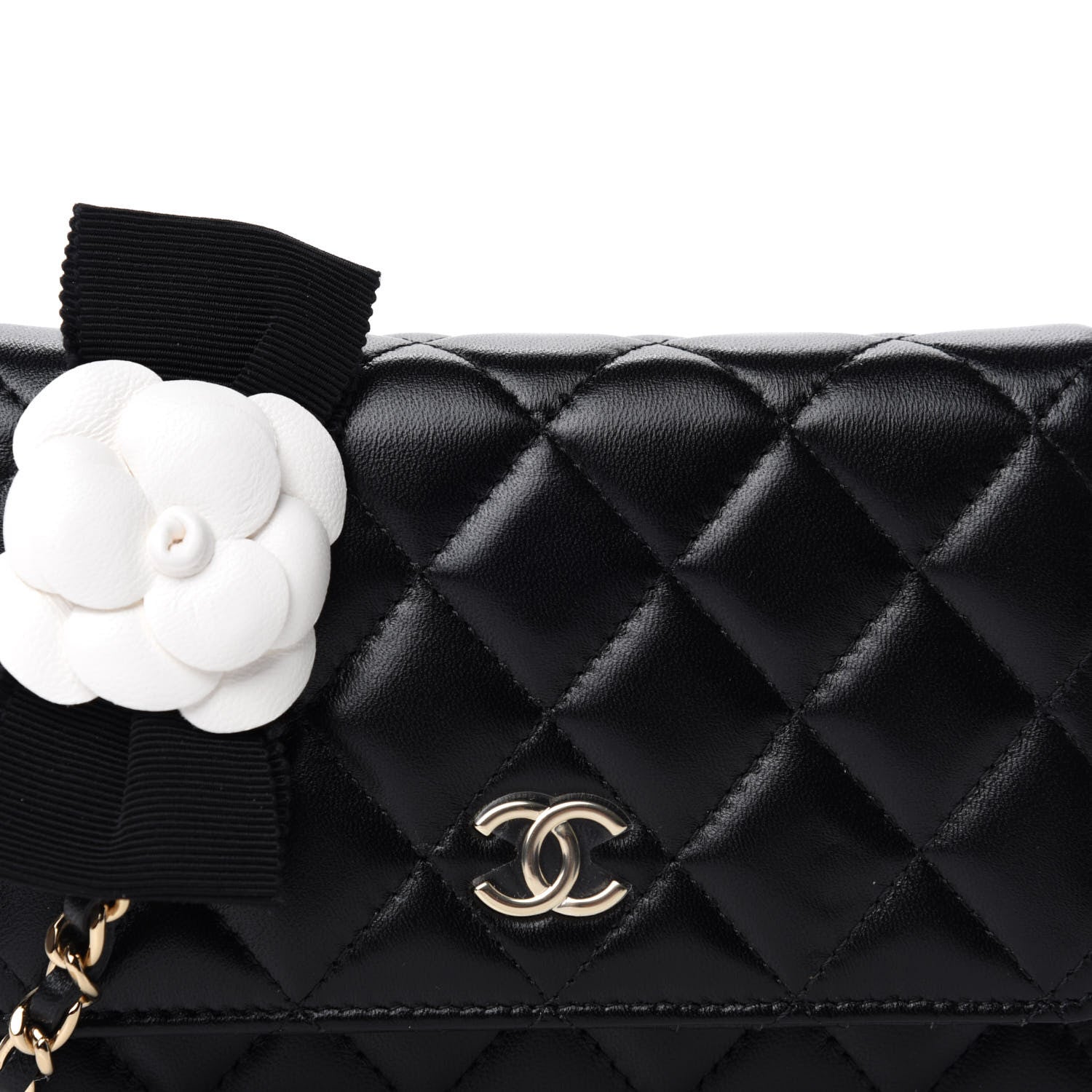 Chanel Lambskin Quilted Mini Camellia Bow Wallet On Chain WOC Black 10 of 11