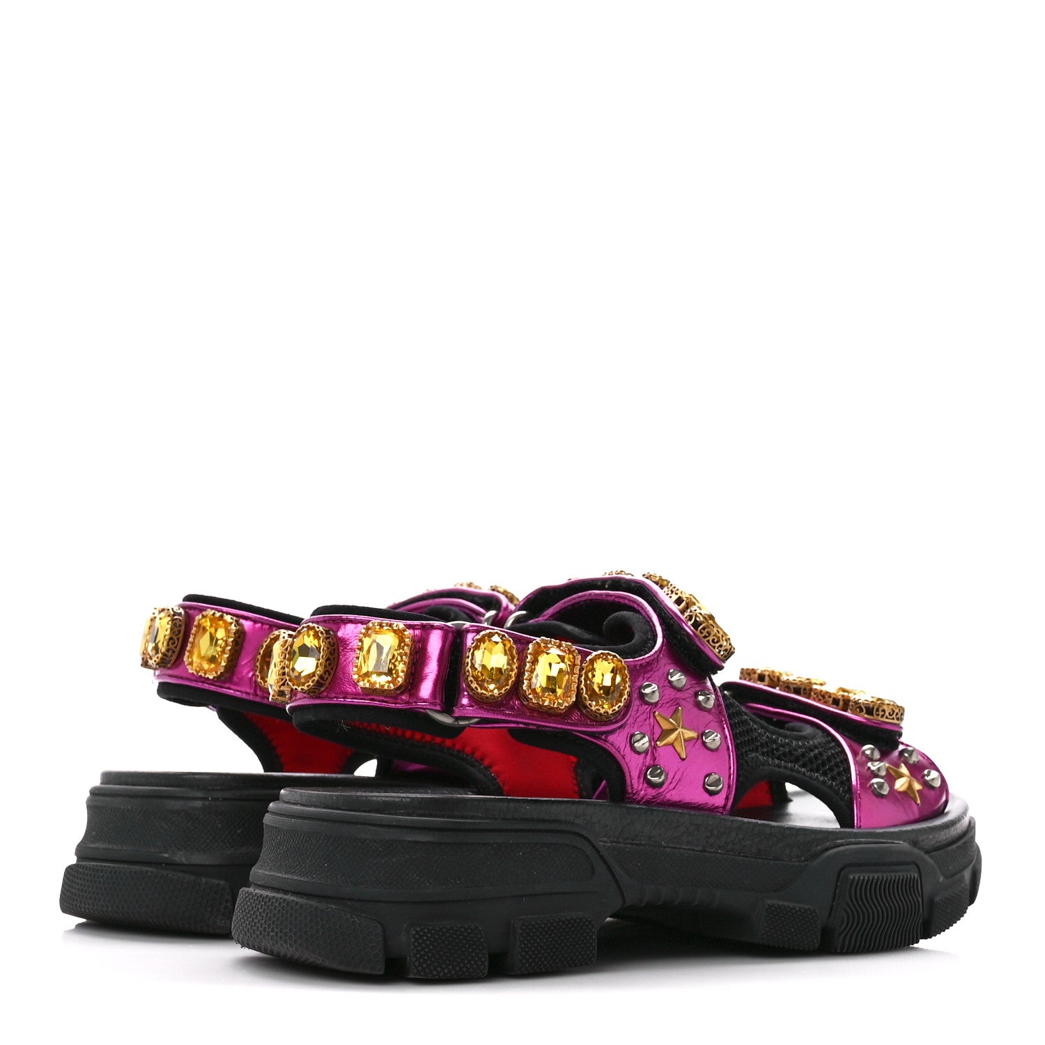 Gucci Nappa Mesh Crystal Embellished Studded Womens Aguru Sandals 38 Pink Black 4 of 10