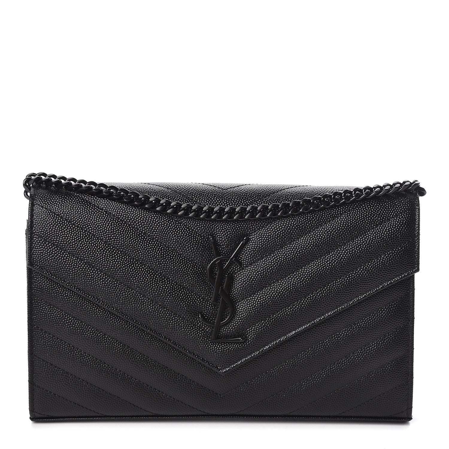 Saint Laurent Grain De Poudre Matelasse Chevron Monogram Chain Wallet Black 1 of 9