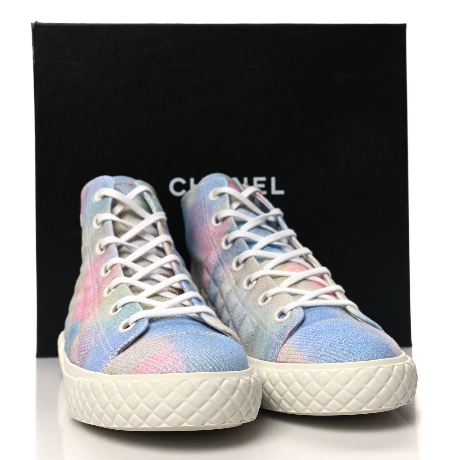 Chanel Printed Fabric Quilted High Top Sneakers 38.5 Green Pink Blue White 10 of 10