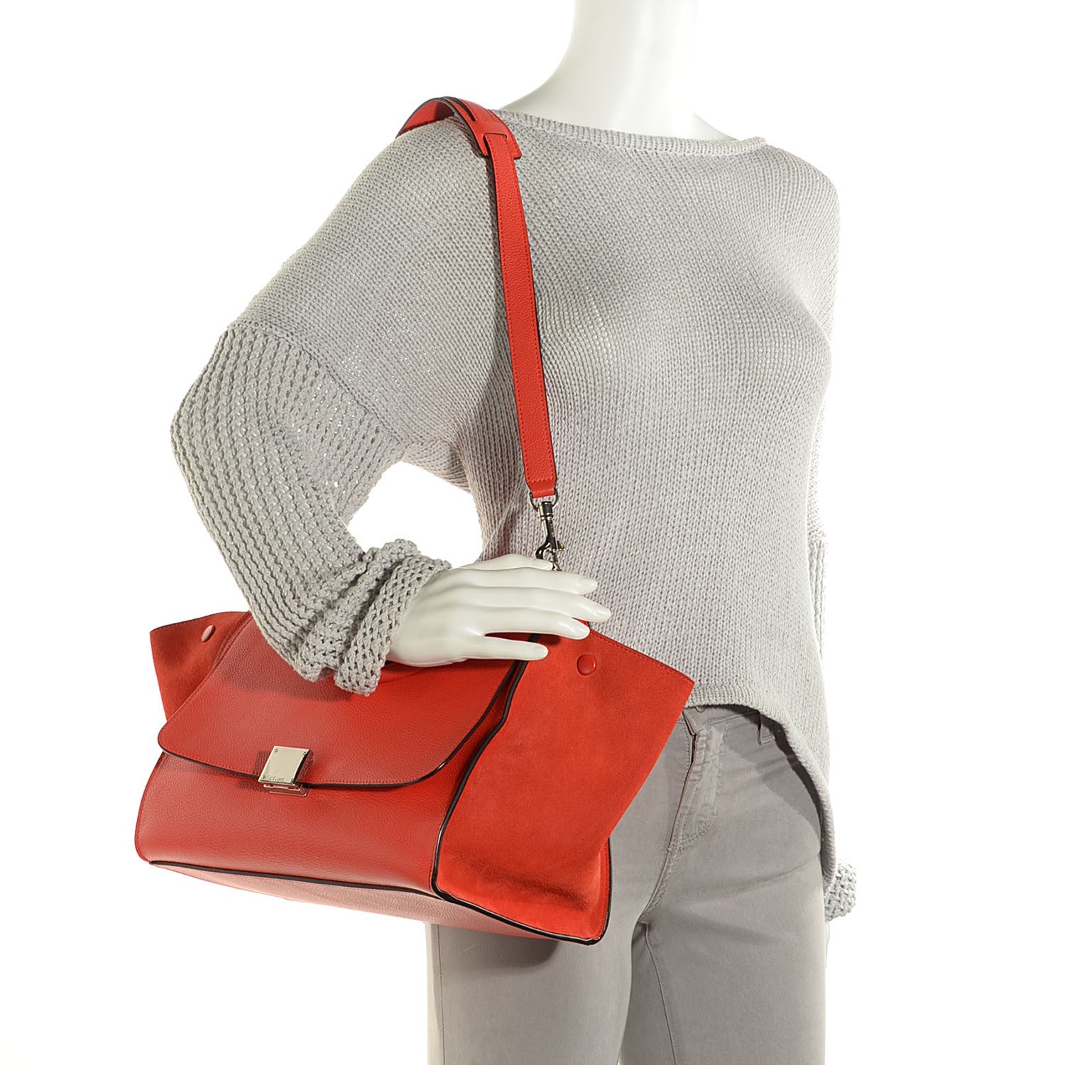 Celine Drummed Calfskin Suede Medium Trapeze Vermillion 2 of 8