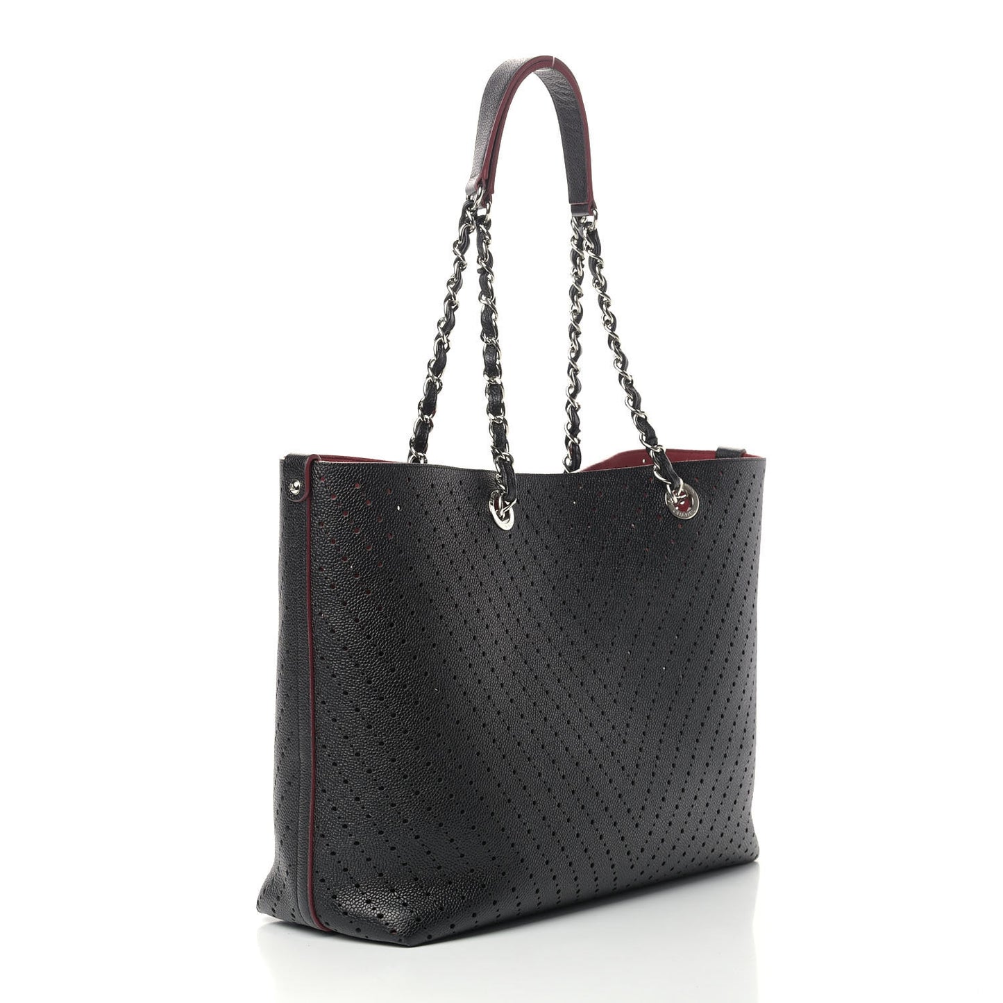 Perforated Grained Calfskin Large Shopping Tote Black