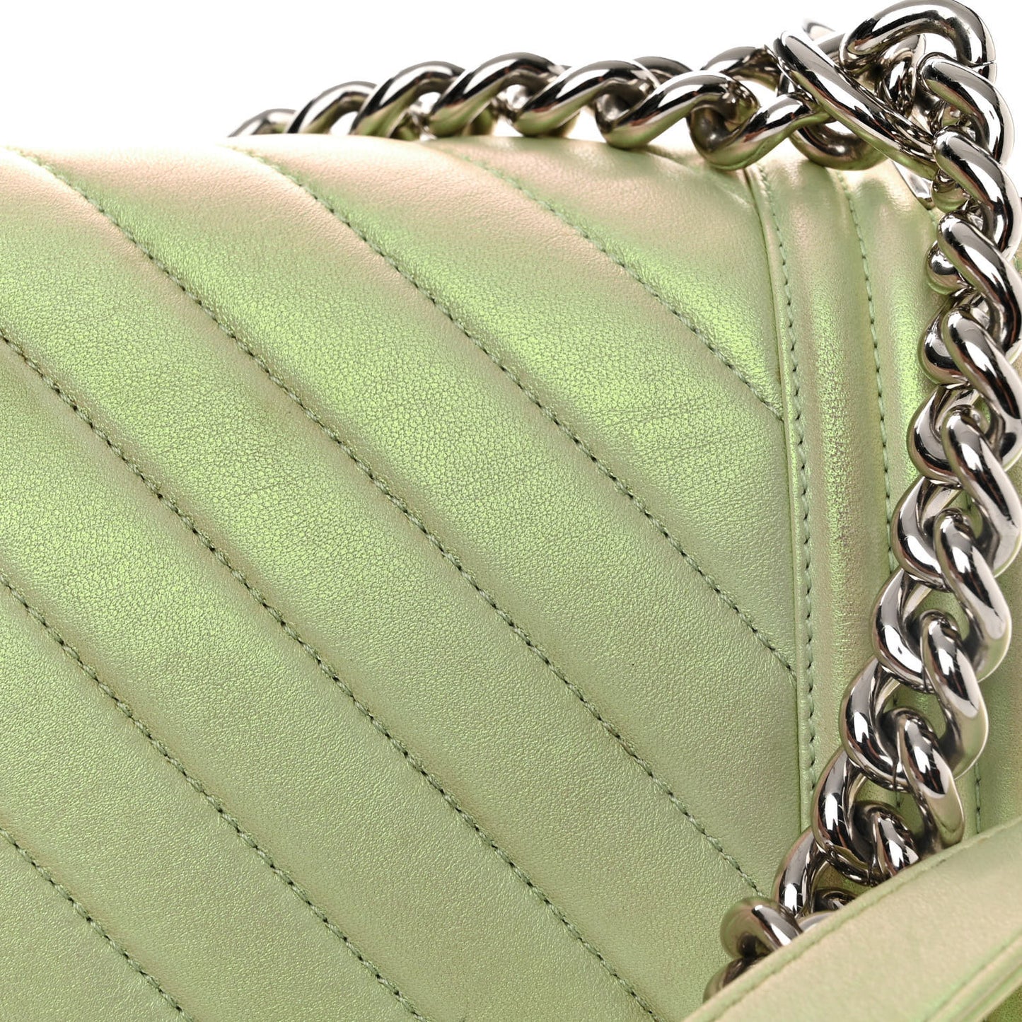 Iridescent Lambskin Chevron Quilted Medium Boy Flap Green