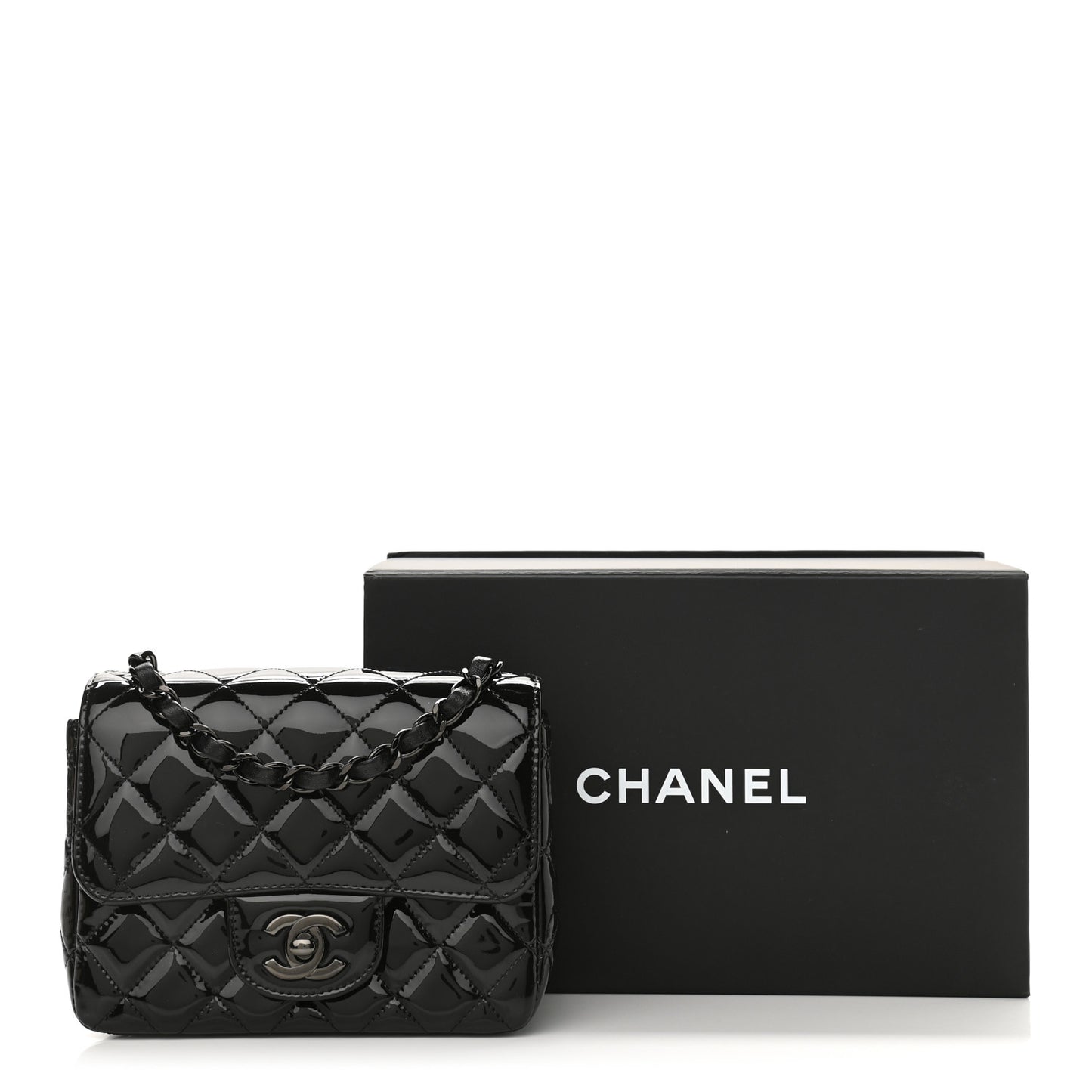 Patent Calfskin Quilted Mini Square Flap So Black