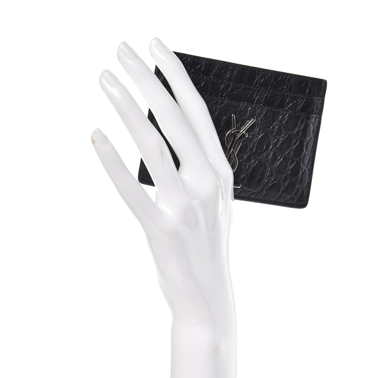 Saint Laurent Calfskin Crocodile Embossed Monogram Credit Card Case Black 2 of 7