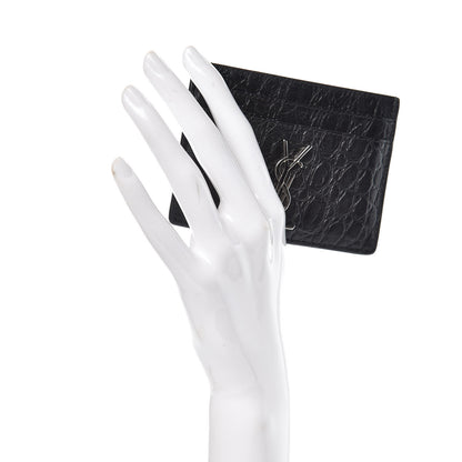 Saint Laurent Calfskin Crocodile Embossed Monogram Credit Card Case Black 2 of 7