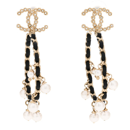 Chanel Lambskin Pearl Crystal CC Chain Hoop Earrings Gold Black 1 of 4