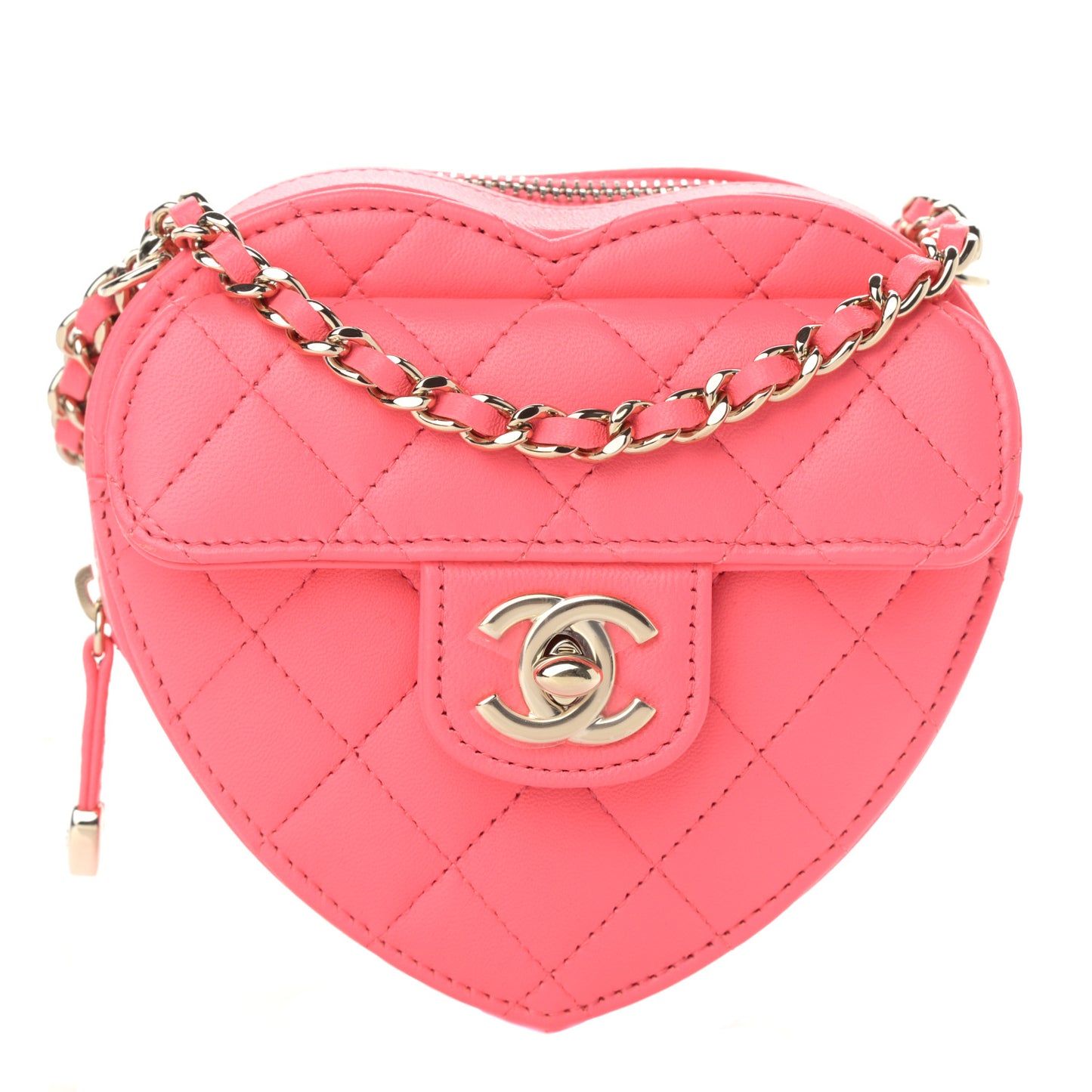 Lambskin Quilted CC In Love Heart Clutch With Chain Pink